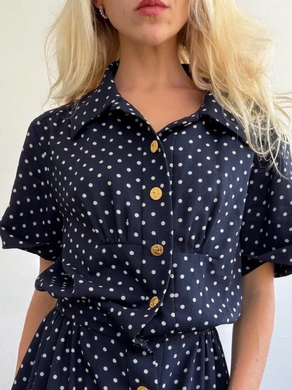 CHANEL Navy Polka Dot Maxi Skirt with Gold Buttons